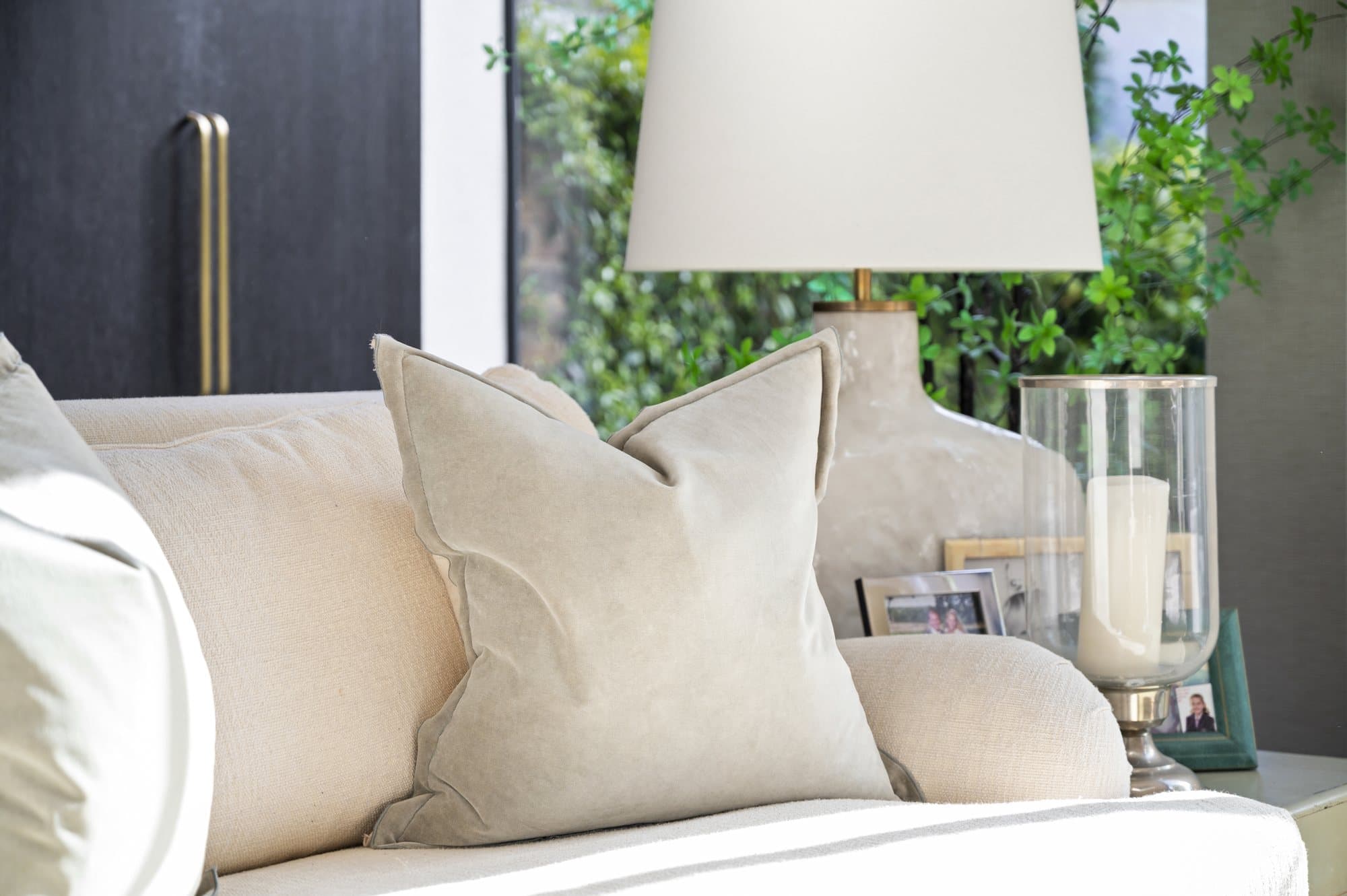 Linen cushions on a pale sofa