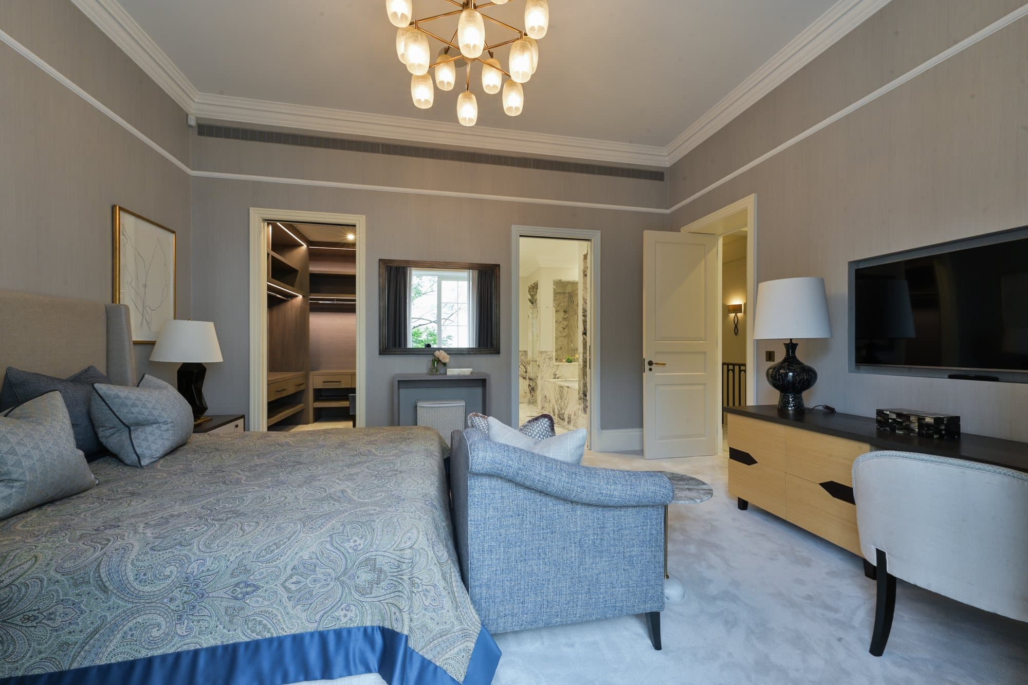 Blue bedroom with fitted joinery