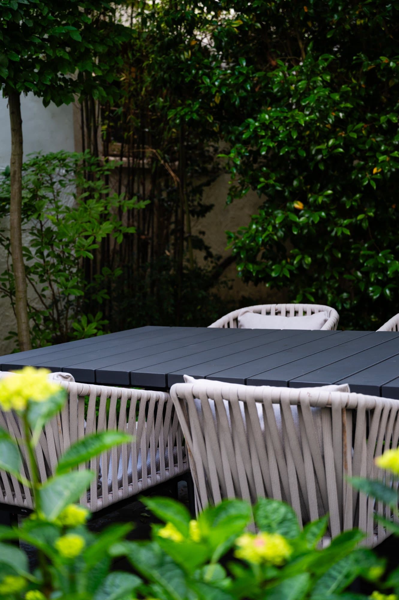 Garden table framed by dense planting